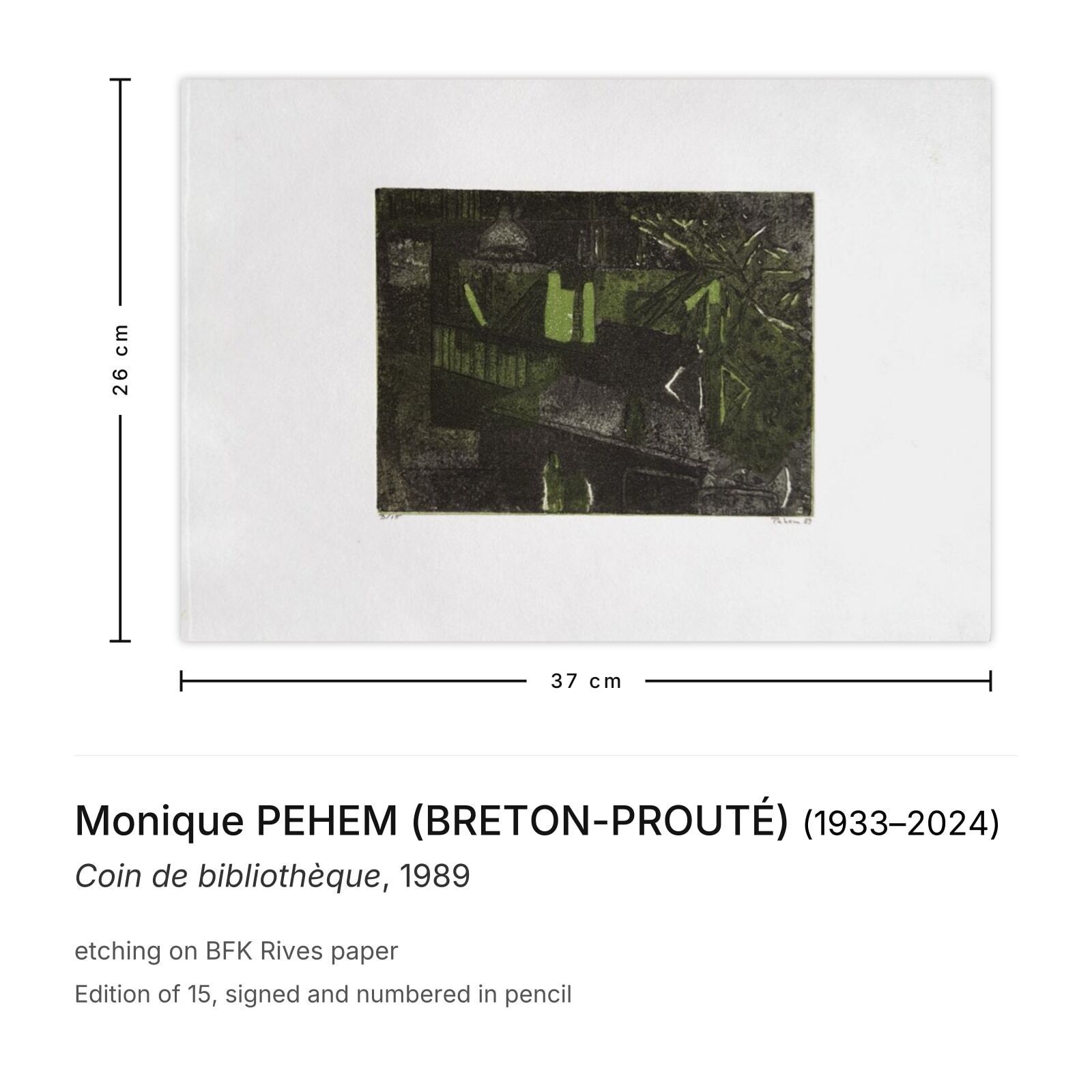 Monique Pehem (Breton Prouté), gesigneerde ets, Coin De Bibliothèque, 1989 photo furniture