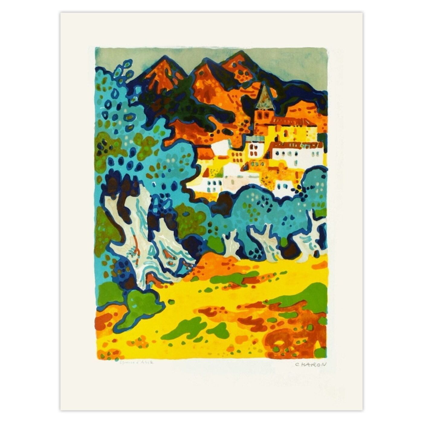 Guy Charon Gesigneerde Lithografie Village Aux Oliviers 1967