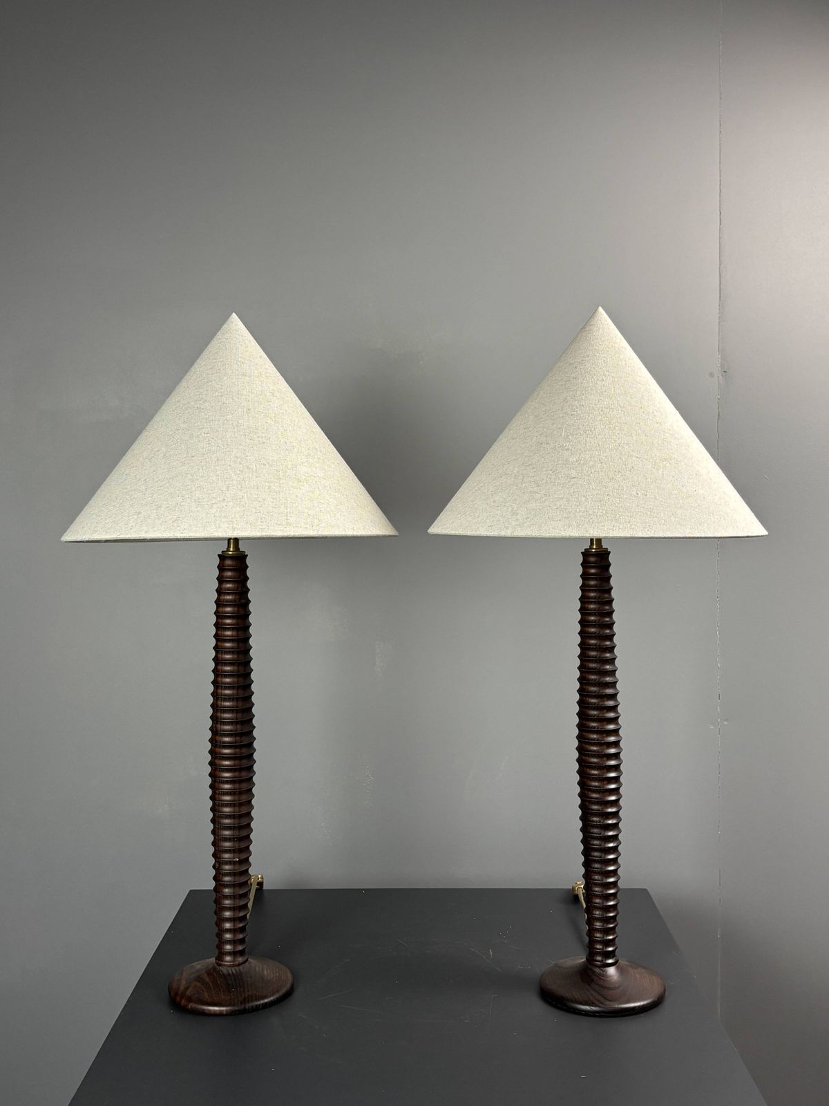 Pair Midcentury Wood Turned Table Lamps, In The Style Of Charles Dudouyt photo furniture