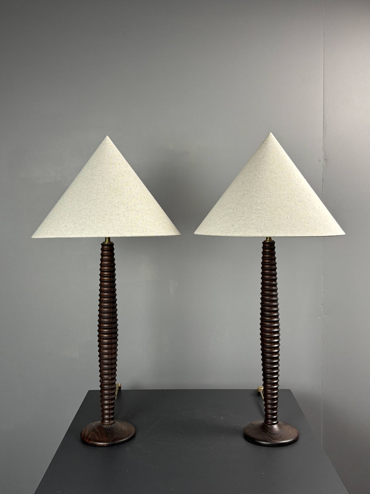 Pair Midcentury Wood Turned Table Lamps, In The Style Of Charles Dudouyt photo 945.0