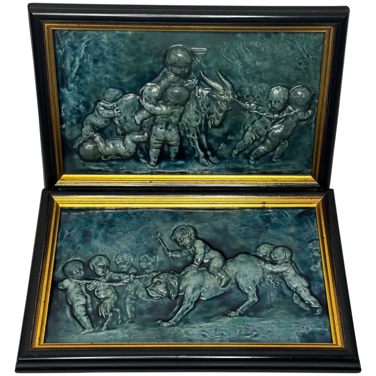 Arts & Crafts Keramische Tegeltableaus met Kinderen, Sater, Hond en Geit, toegeschreven aan Reginald Robert Tomlinson