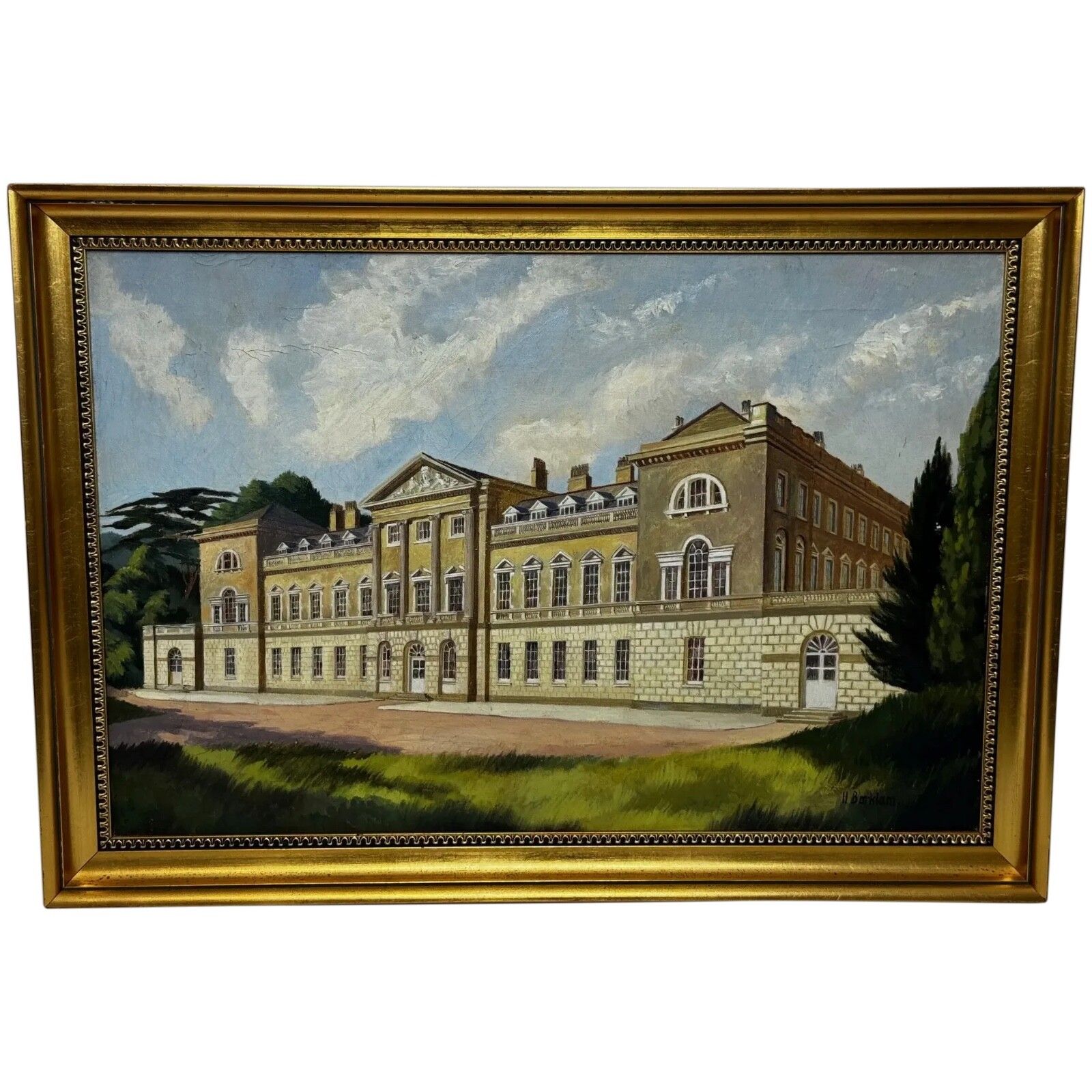 Historisch 20e-eeuws olieverfchilderij van Woburn Abbey, het landgoed van de Duke of Bedford in Bedfordshire, gesigneerd door Harold Barklam