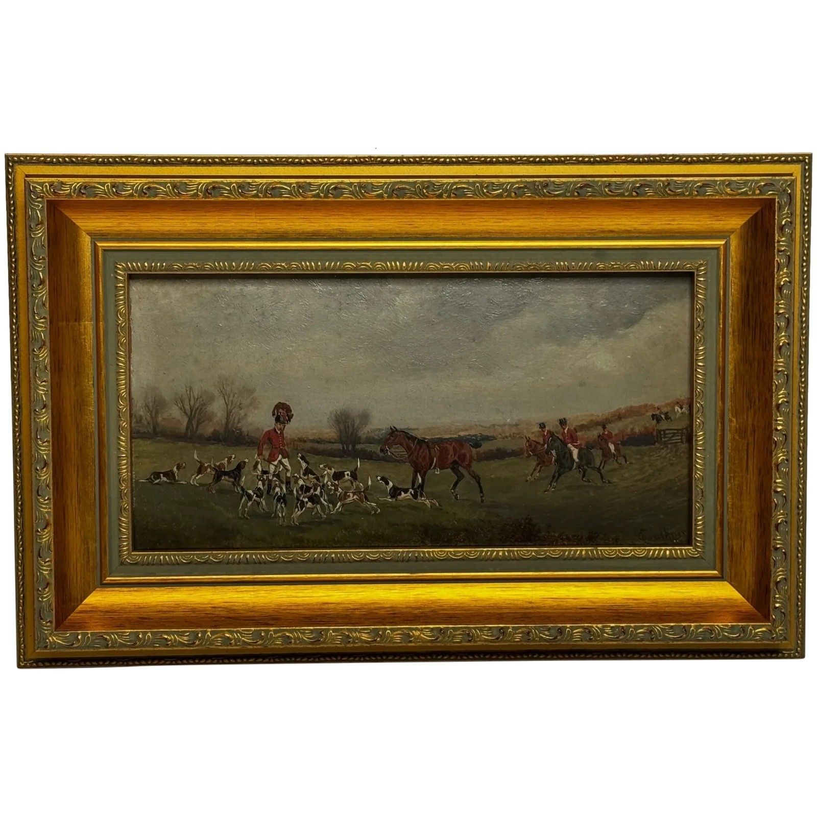 Victorian olieverfschilderij "The Death The Berkeley Hunt" ca. 1880, gesigneerd door Charles Faulkner