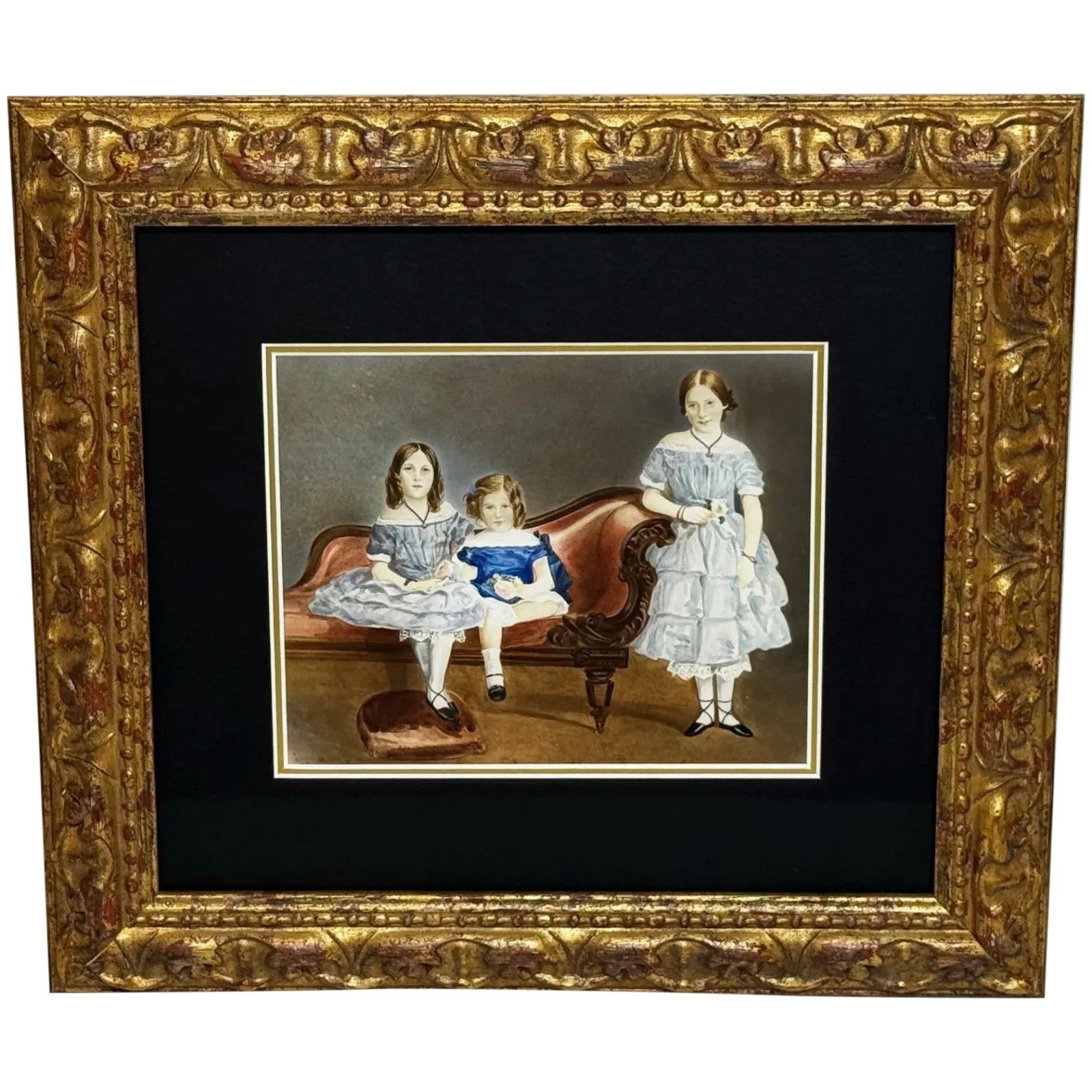 19e-eeuws familieportret van de familie van kapitein John Cooke, Louisa, Augusta en Sophia Devonshire