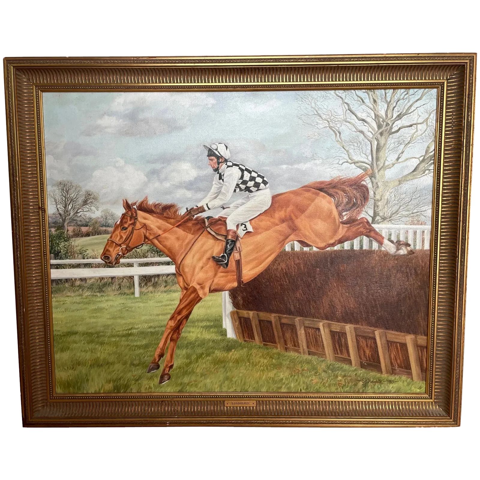 Rca Equestrian Oil Painting Londolozi Horse Racing Jumping Fence Signed By Sue Wingate