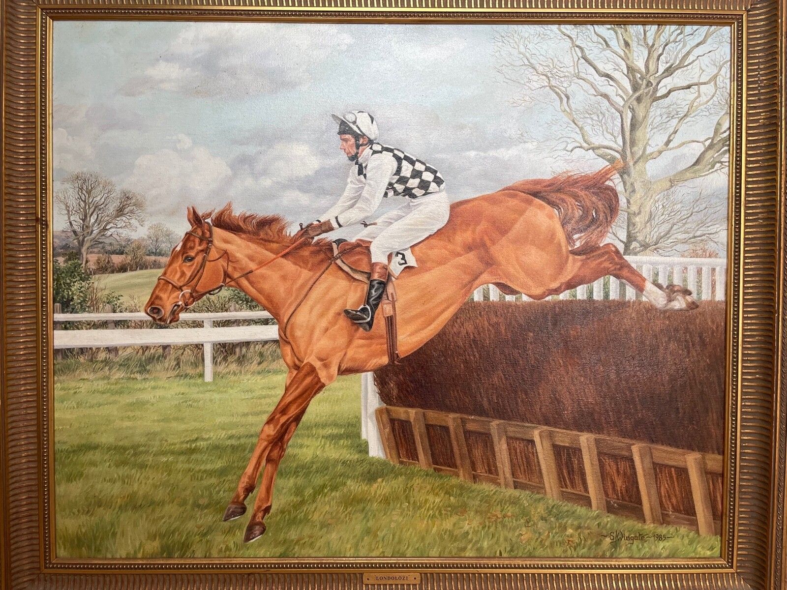 Rca Equestrian Oil Painting Londolozi Horse Racing Jumping Fence Signed By Sue Wingate photo furniture