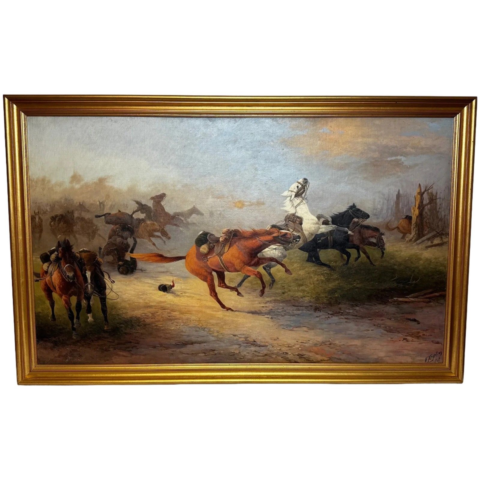 WW1 Slag bij Charleroi Grote Terugtocht Olieverfchilderij Op Hol Geslagen Paarden Gesigneerd door Edith Alice Simkins