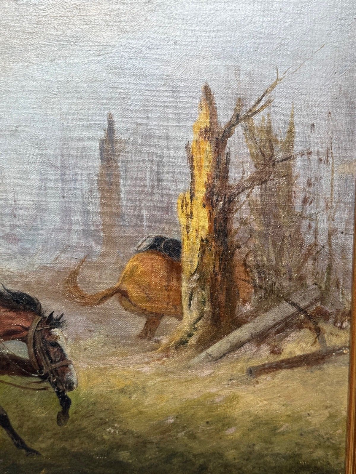 WW1 Slag bij Charleroi Grote Terugtocht Olieverfchilderij Op Hol Geslagen Paarden Gesigneerd door Edith Alice Simkins photo vinterior