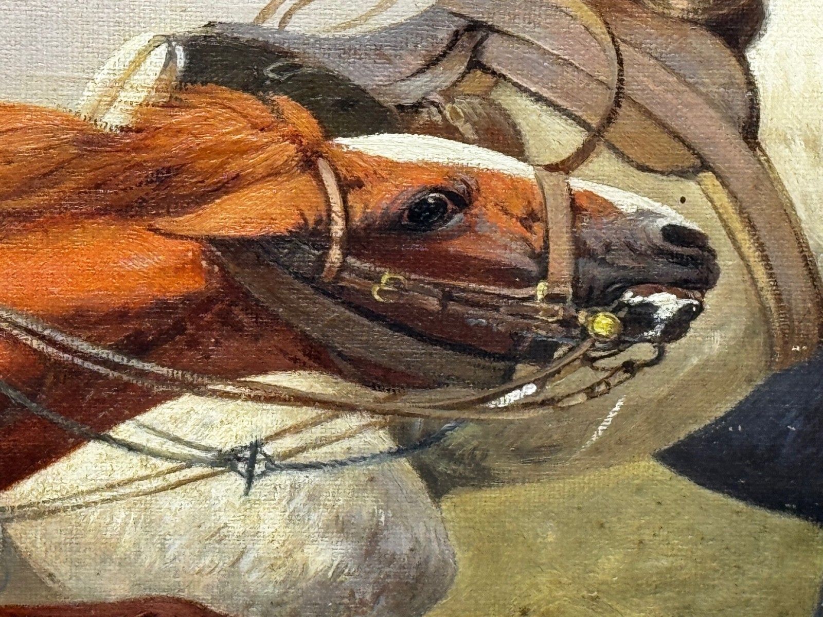 Kunst WW1 Slag bij Charleroi Grote Terugtocht Olieverfchilderij Op Hol Geslagen Paarden Gesigneerd door Edith Alice Simkins photo