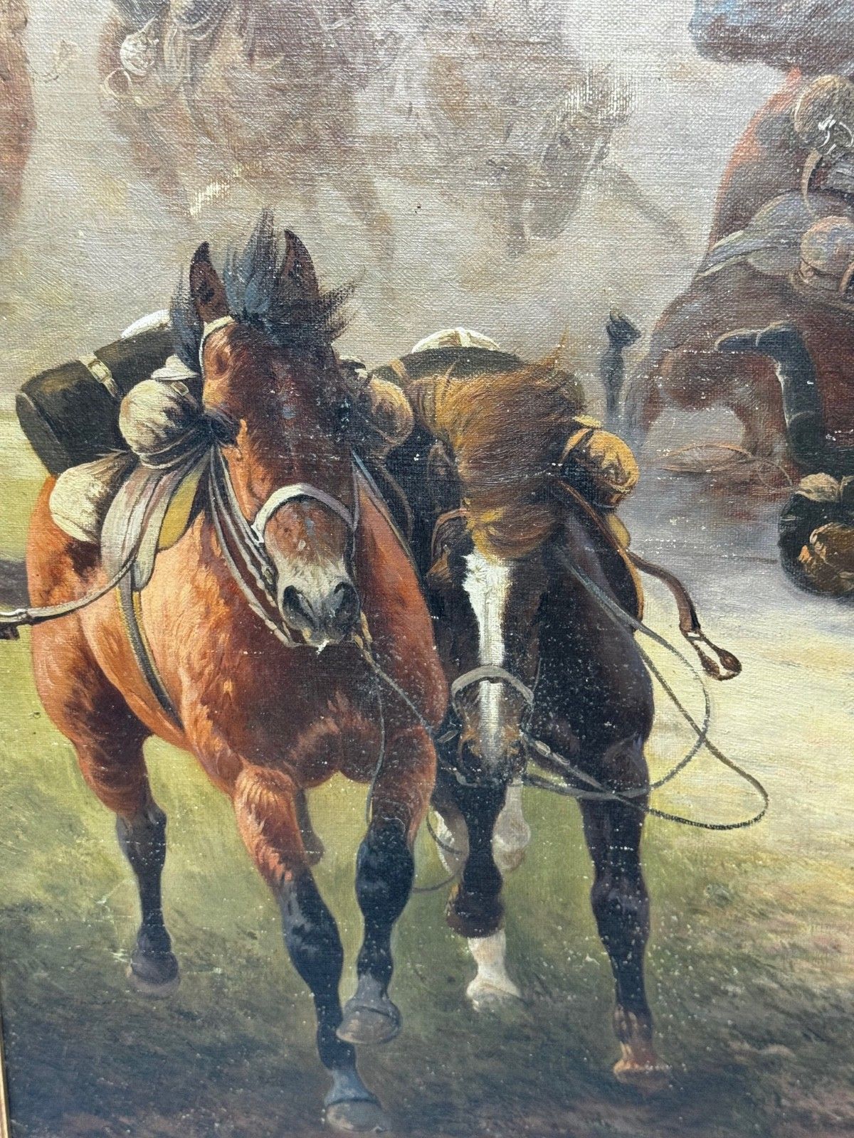 photo buy WW1 Slag bij Charleroi Grote Terugtocht Olieverfchilderij Op Hol Geslagen Paarden Gesigneerd door Edith Alice Simkins