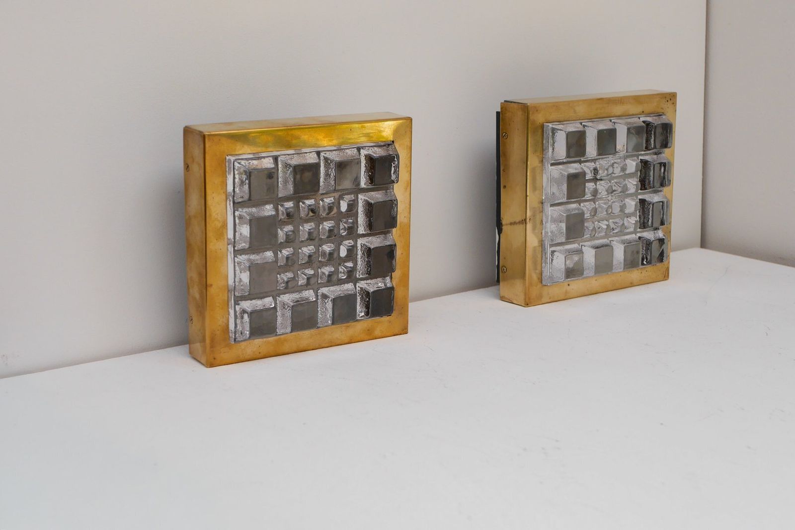 Swedish Brutalist Glass And Brass Wall Lamps From Falkenbergs Belysning, Set Of 2 photo for sale