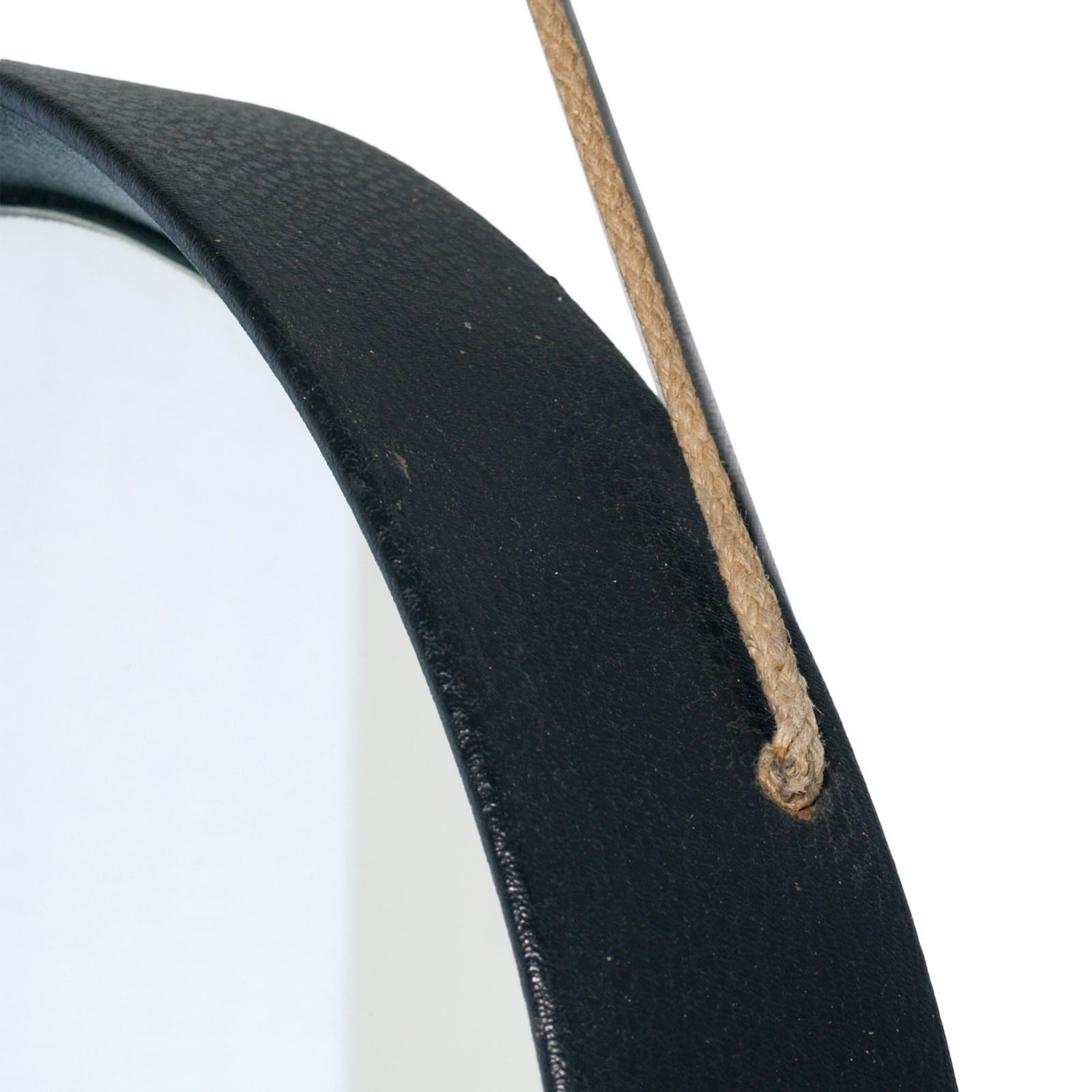 Italian 1970s Round Wall Mirror With Dark Leather Clad Frame By Fontana Arte photo for sale