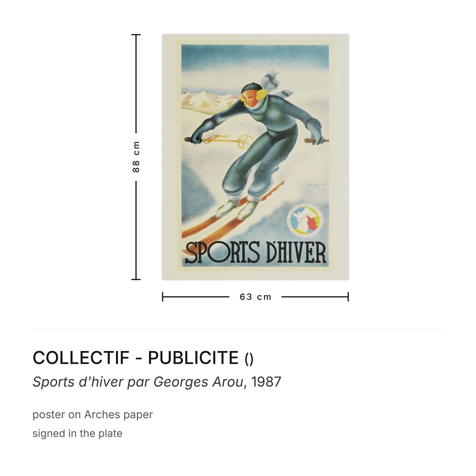 Collectif Publicite Poster Sports D'hiver Par Georges Arou 1987 photo furniture