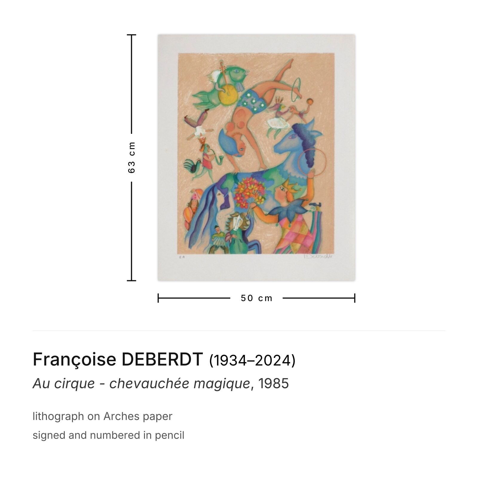Françoise Deberdt Gesigneerde Lithografie Au Cirque Chevauchée Magique 1985 photo furniture