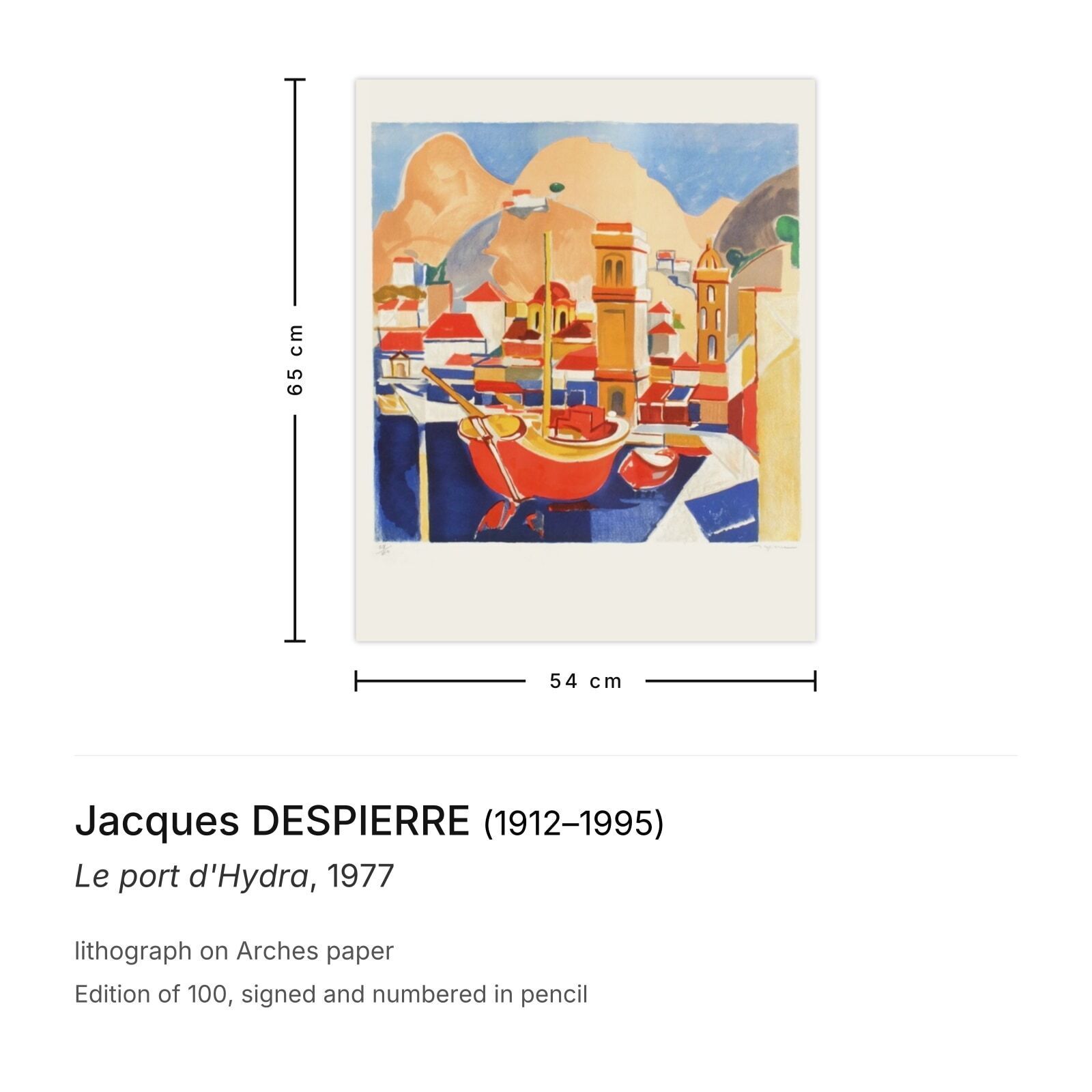 Jacques Despierre Gesigneerde Lithografie Le Port D'hydra 1977 photo furniture