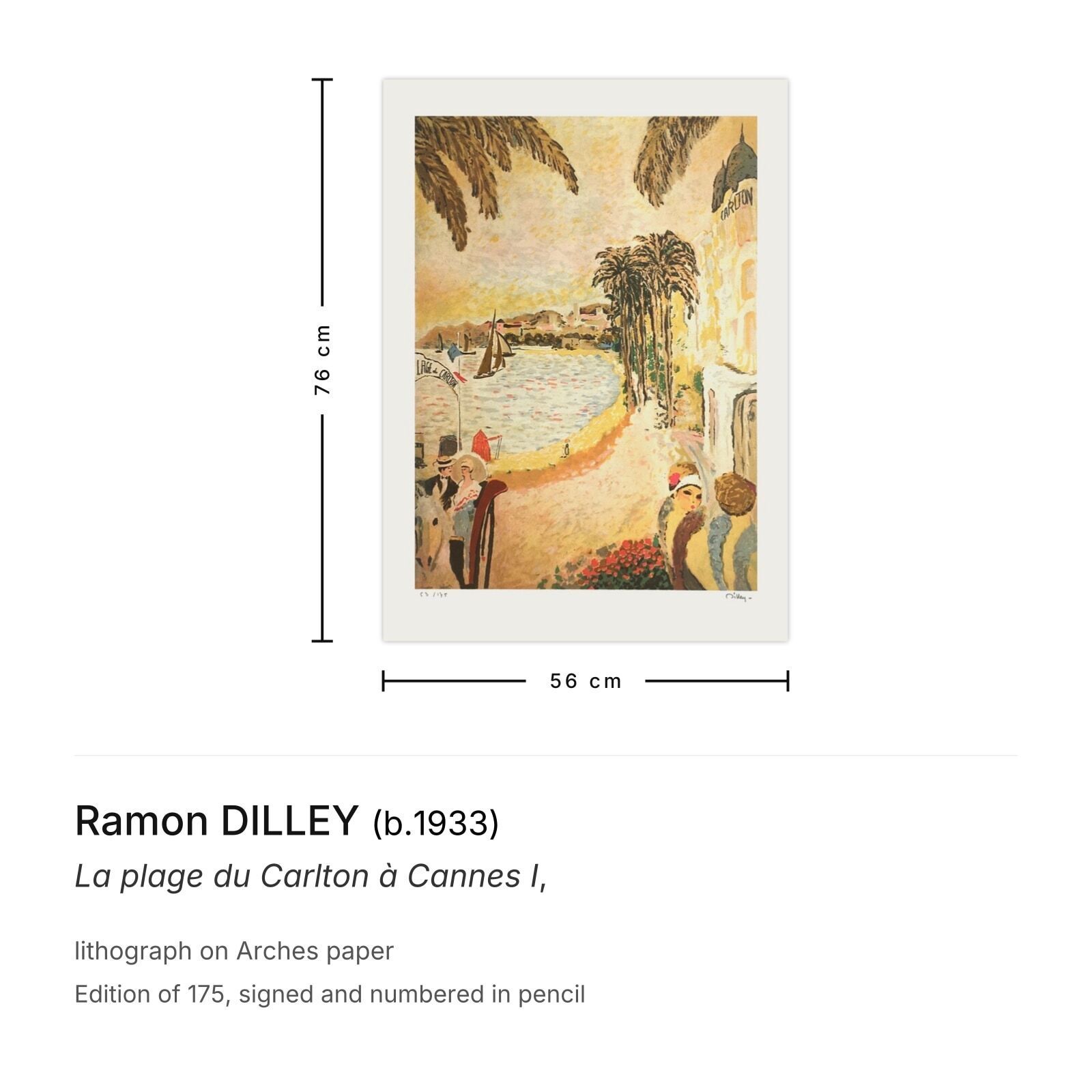 Ramon Dilley Gesigneerde Lithografie La Plage Du Carlton à Cannes I photo furniture