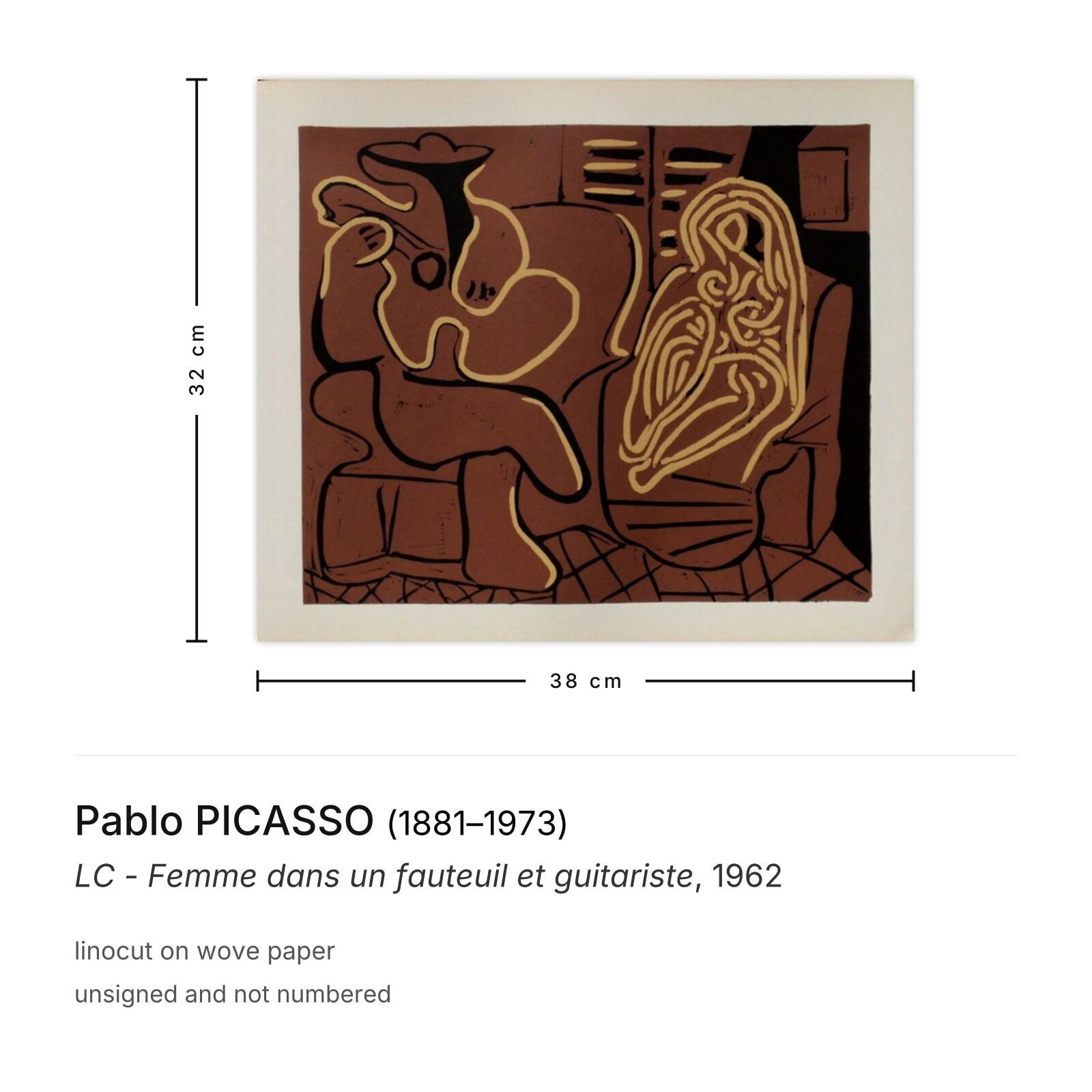 Pablo Picasso Linocut Lc Femme Dans Un Fauteuil Et Guitariste 1962 photo furniture