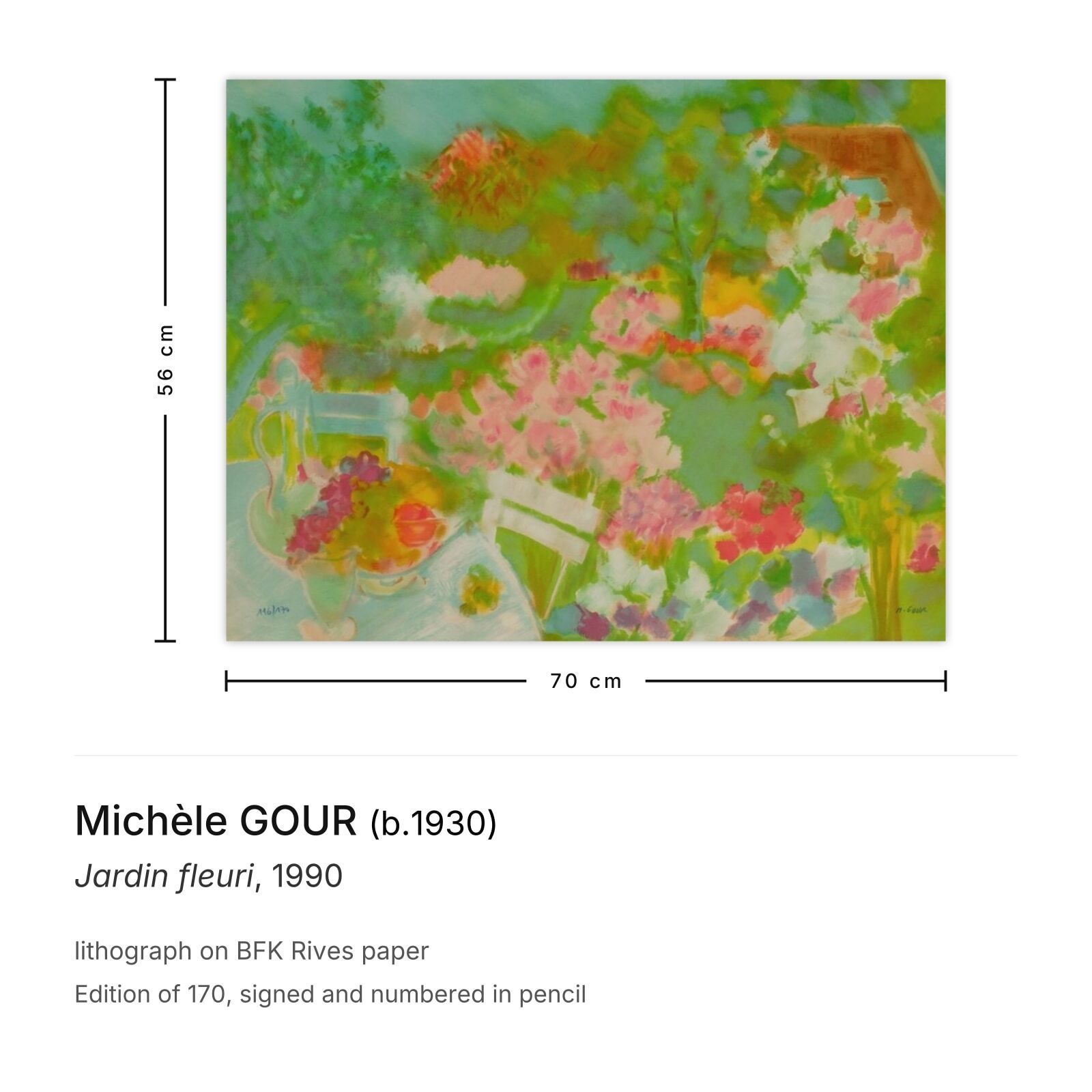 Michèle Gour Gesigneerde Lithografie Jardin Fleuri 1990 photo furniture
