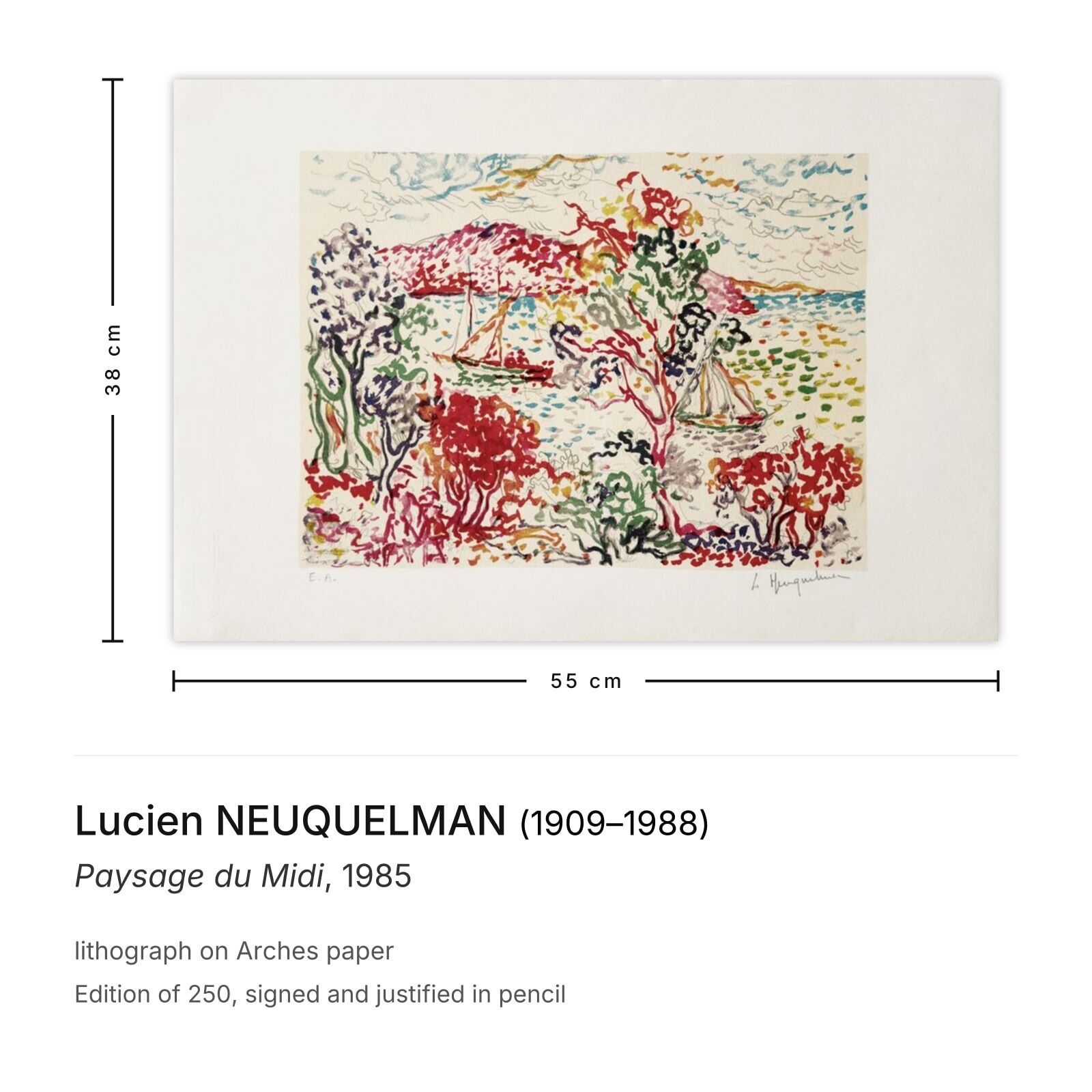 Lucien Neuquelman Gesigneerde Lithografie Paysage Du Midi 1985 photo furniture