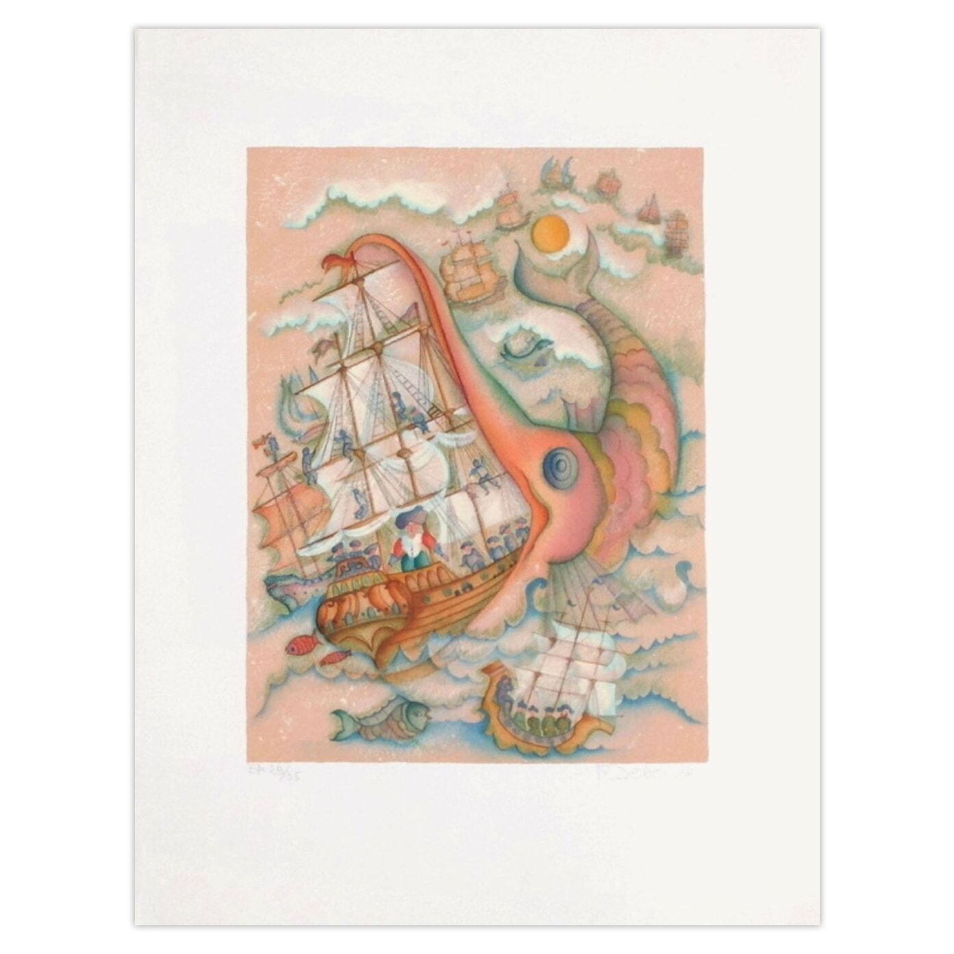 Françoise Deberdt Gesigneerde Lithografie Baron De Munchhausen Le Bateau 1985