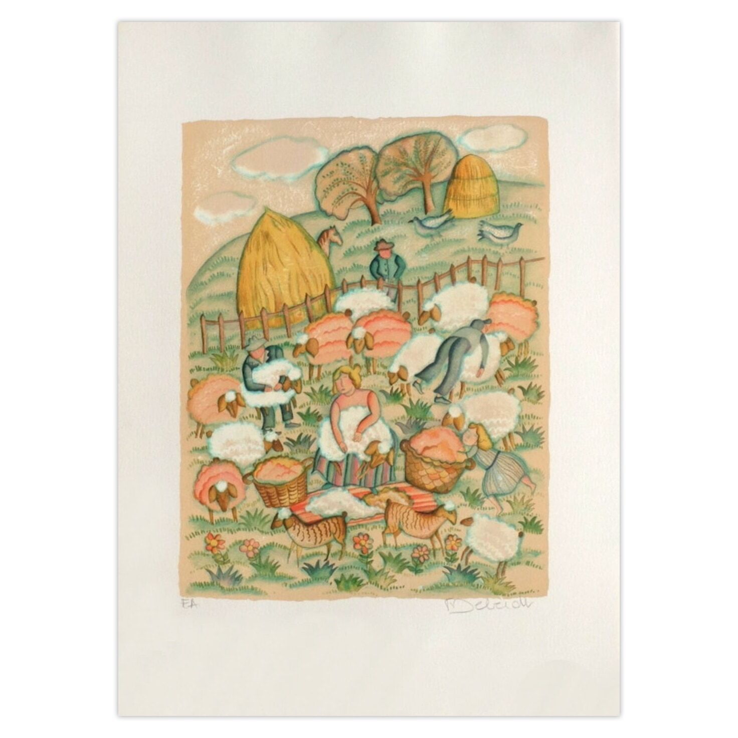 Françoise Deberdt Gesigneerde Lithografie Aux Champs La Tonte Des Moutons 1985