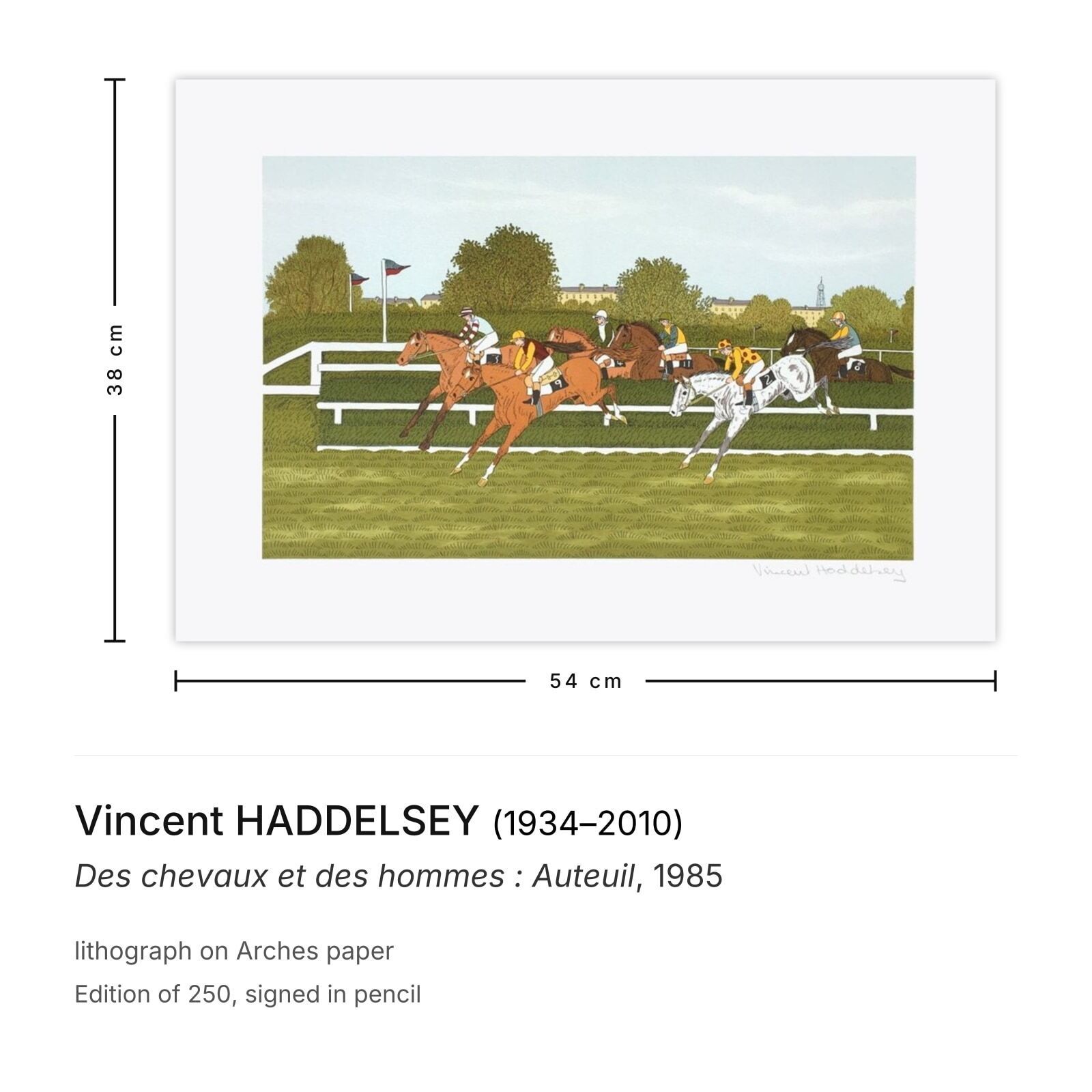 Vincent Haddelsey Gesigneerde Lithografie Des Chevaux Et Des Hommes : Auteuil 1985 photo furniture