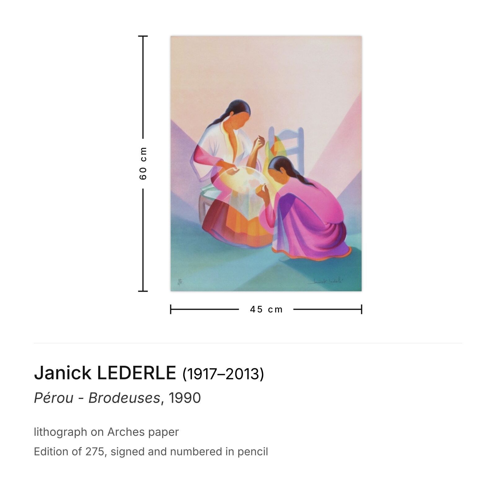 Janick Lederle Gesigneerde Lithografie Pérou Brodeuses 1990 photo furniture