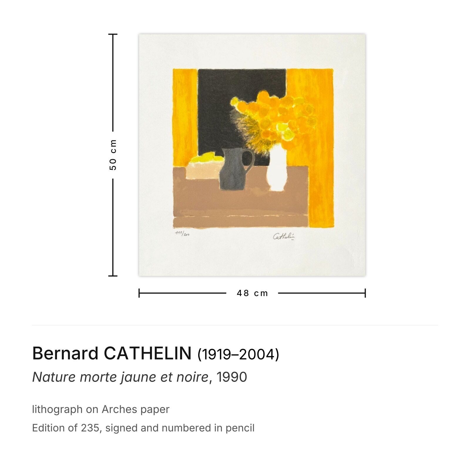 Bernard Cathelin Gesigneerde Lithografie Nature Morte Jaune Et Noire 1990 photo furniture