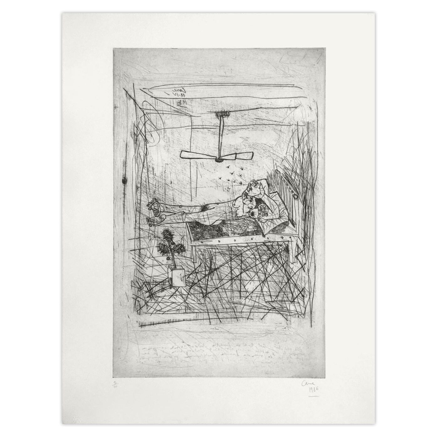 Louis Cane Signed Etching Nu Allongé Au Ventilateur 1986
