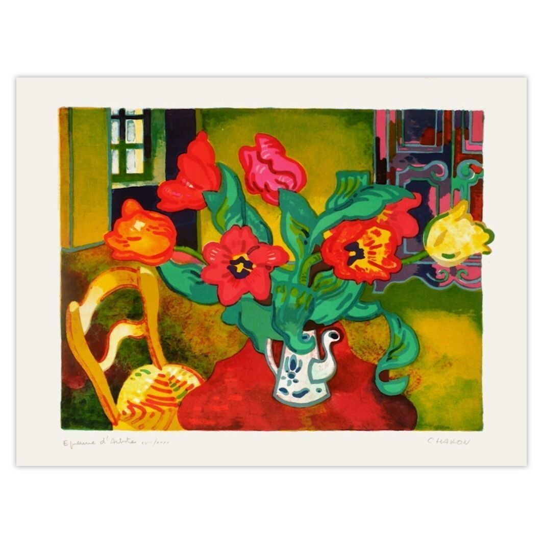 Guy Charon Gesigneerde Lithografie Tulipes Sur Le Guéridon 1975