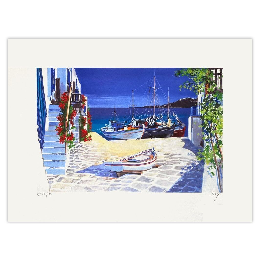 André Savy Alias Bongibault Signed Lithograph Grèce   Bâteaux De Pêche Au Port 1995
