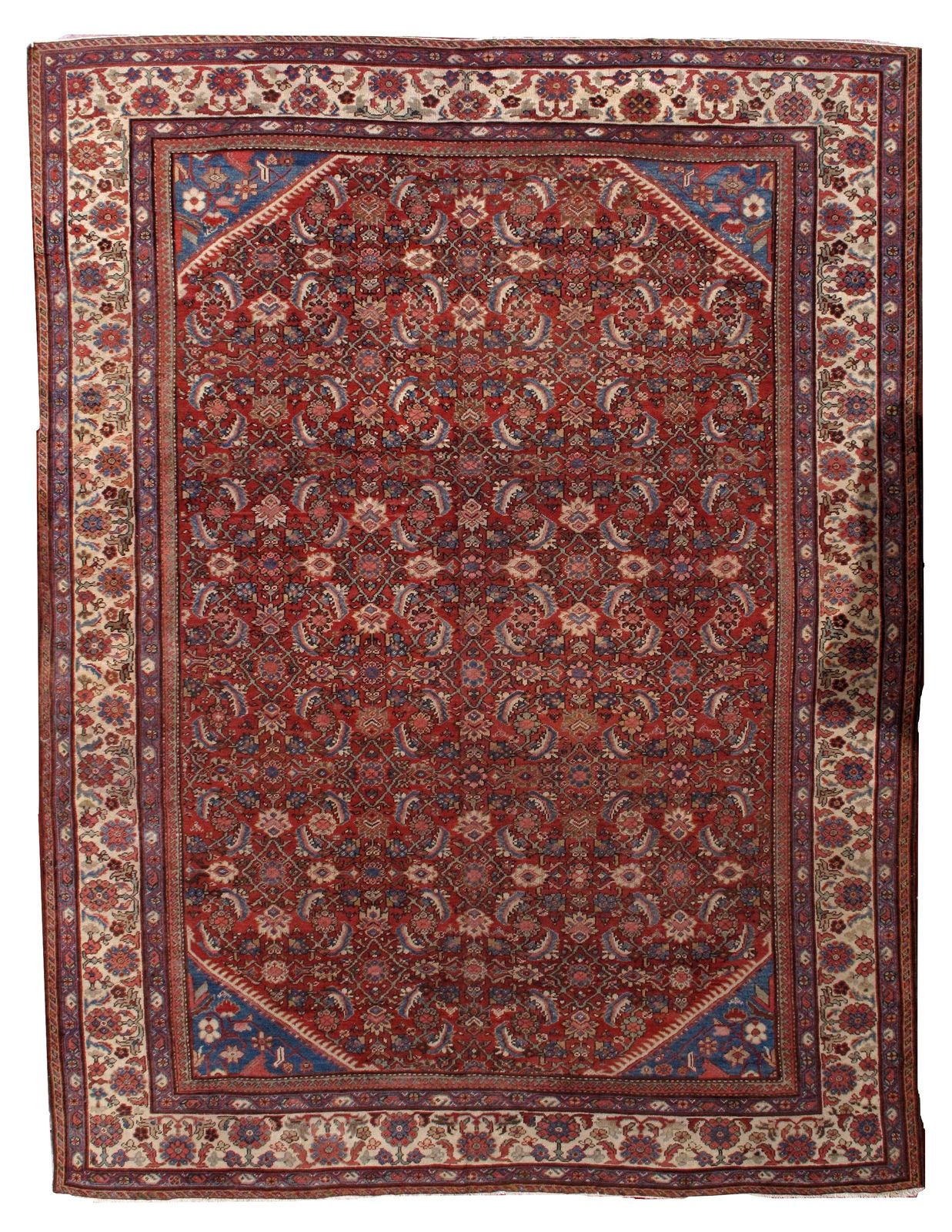 Tapis oriental fait main, 274 cm x 359 cm, laine, vers 1900, rouge, bleu, crème