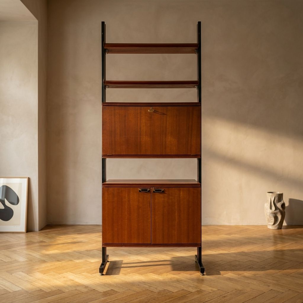 Mid-Century Modern Modulaire Wandkast, Fineer & Zwart Metalen Stellingkast, jaren 1960, Europa