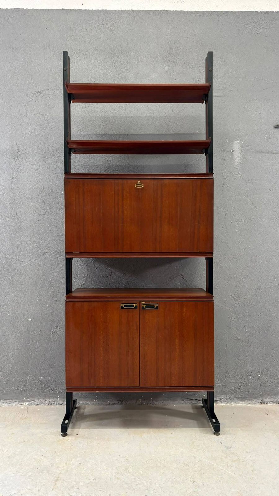 Mid Century Modern Modular Wall Unit, Veneer & Black Metal Shelving Cabinet, 1960s, Europe photo vintage