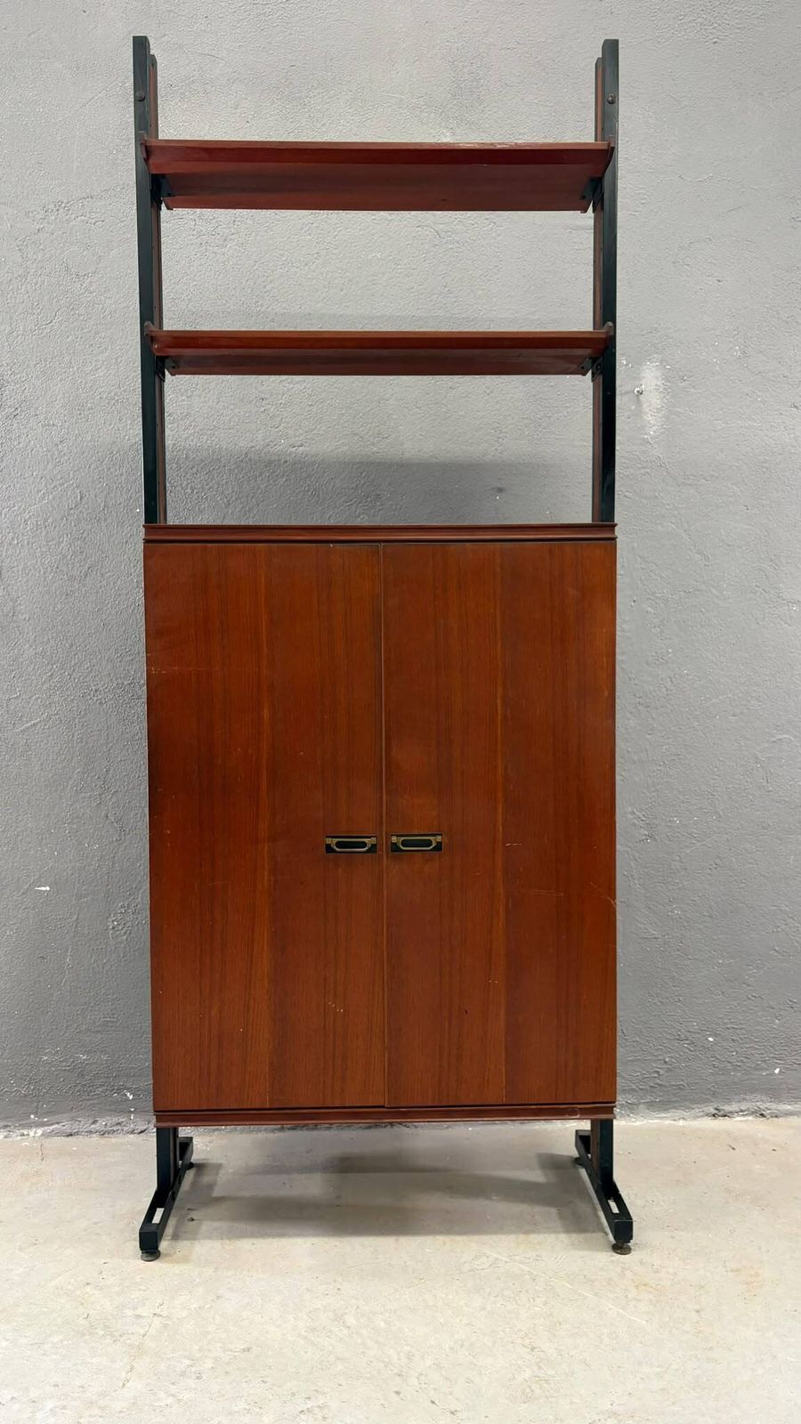 photo for sale Mid Century Modern Modular Wall Unit, Veneer & Black Metal Cabinet, 1960s, Europe