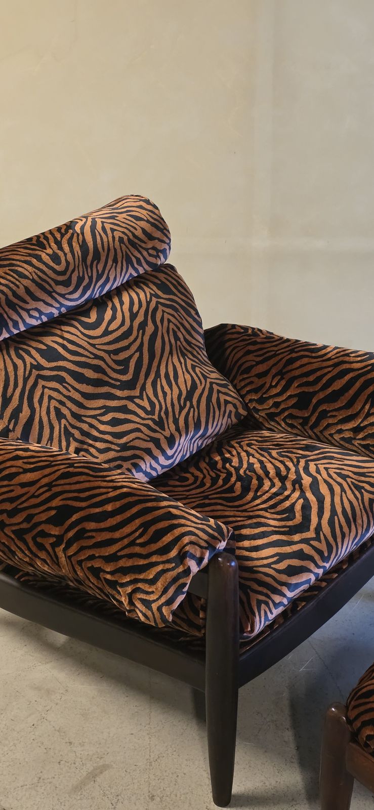 photo for sale Vintage Armchair With Ottoman In Orange Zebra Velvet Fabric