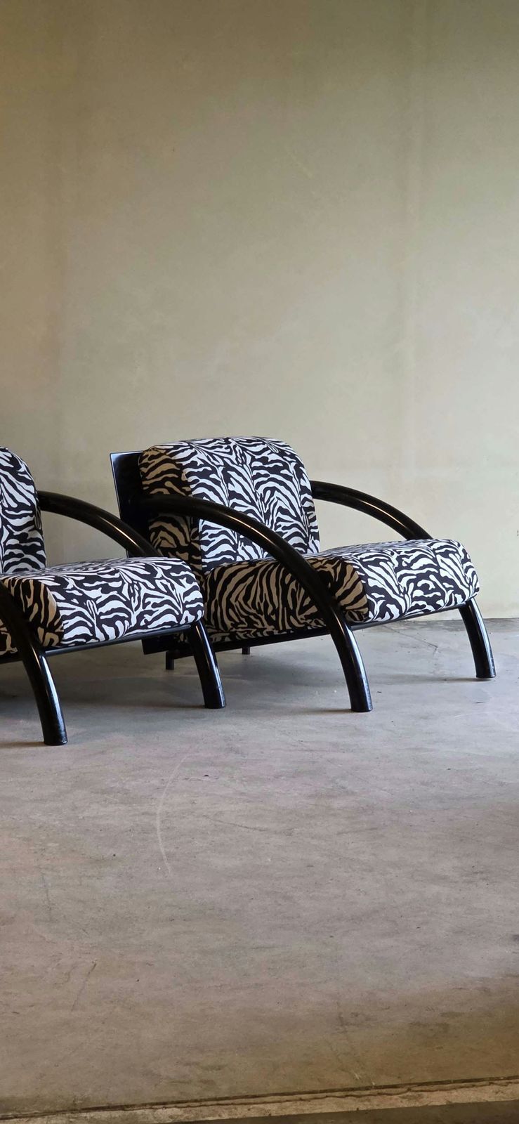 Set Of Black Post Modern Geometric Armchairs With Zebra Print Cushions photo Furniture