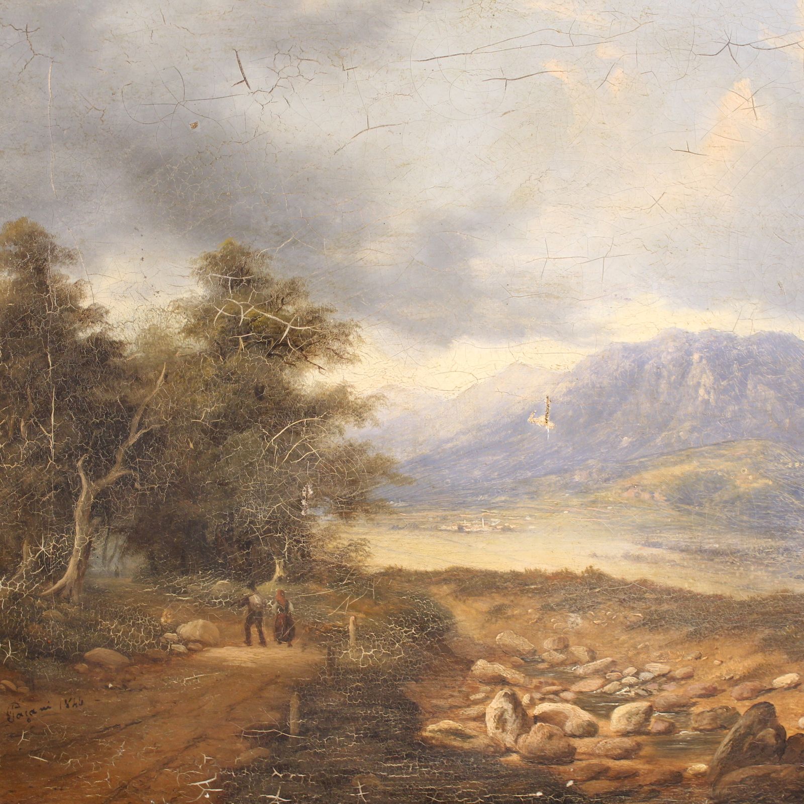 Italian Landscape With Wayfarers, Oil On Canvas Dated 1845 photo for sale
