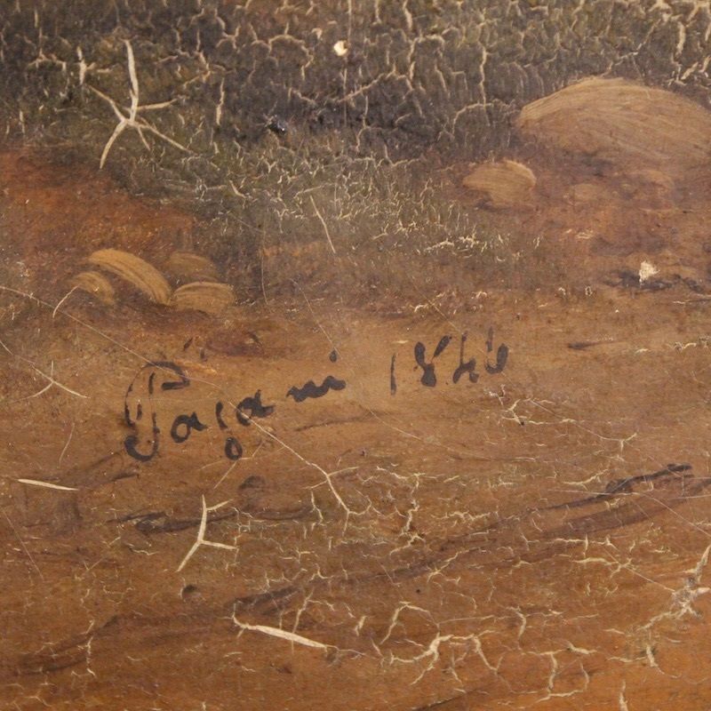 Paysage italien avec voyageurs, huile sur toile datée 1845 photo buy