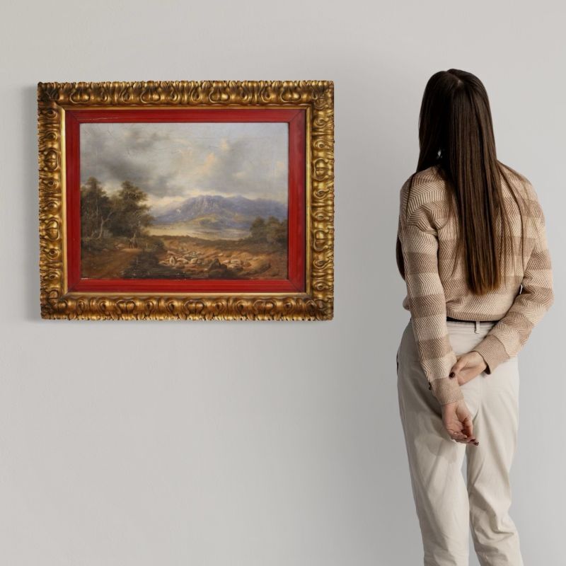 photo for sale Paysage italien avec voyageurs, huile sur toile datée 1845