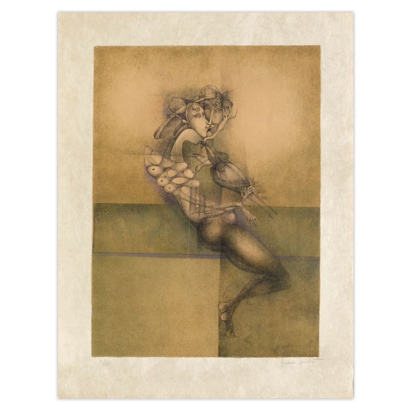 Frédéric Bouche Gesigneerde Lithografie Femme Et Oiseau