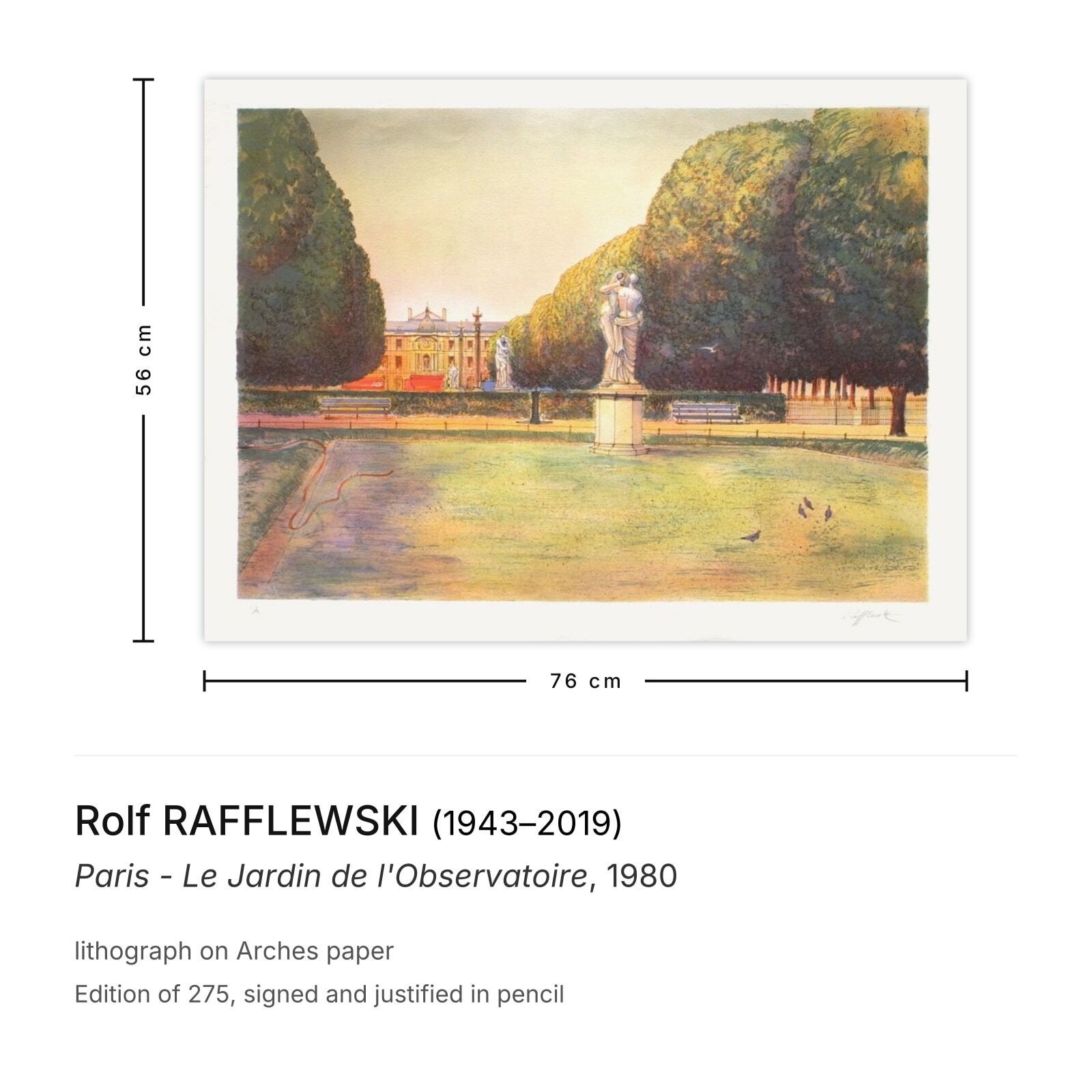Rolf Rafflewski Gesigneerde Lithografie Paris   Le Jardin De L'observatoire 1980 photo furniture