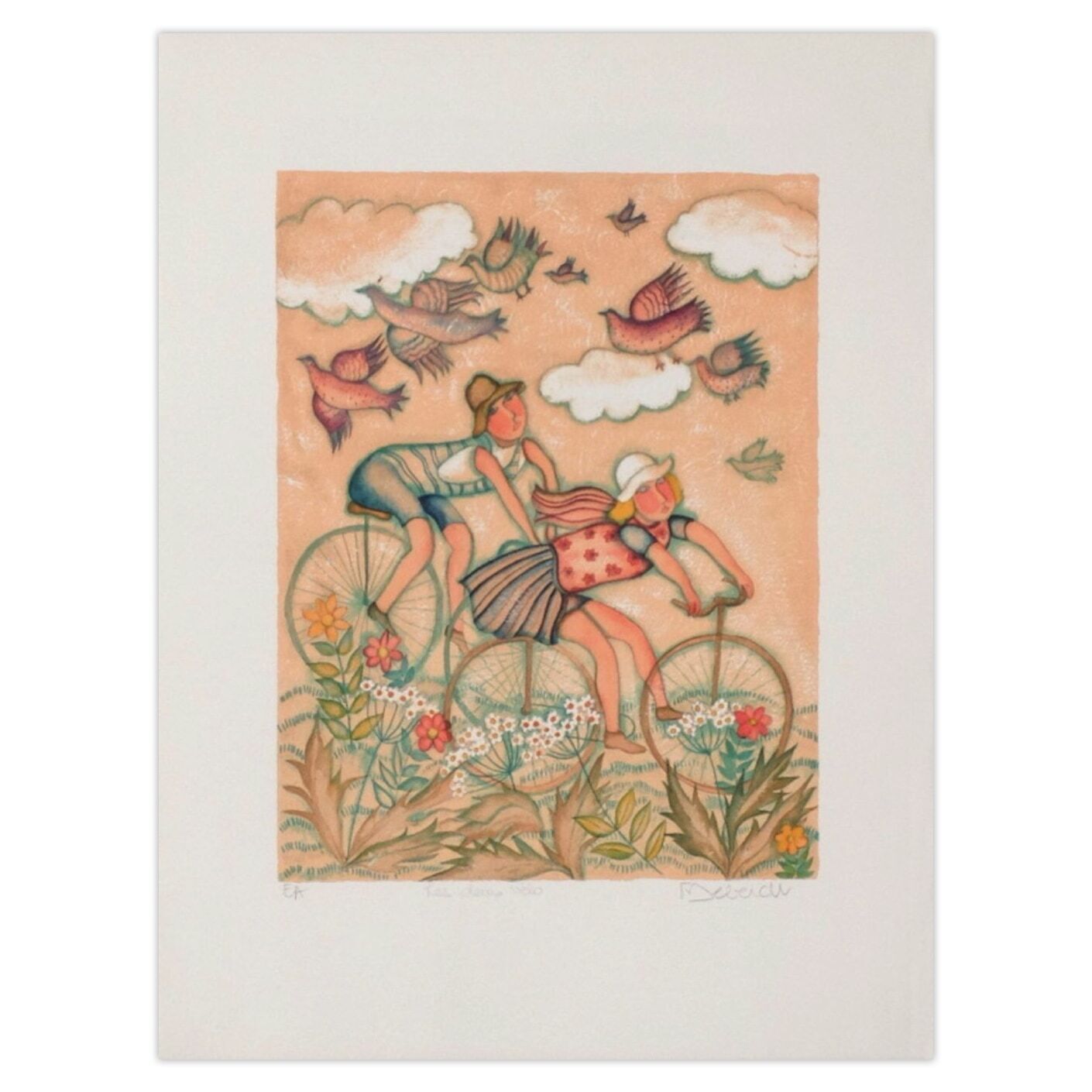 Françoise Deberdt Gesigneerde Lithografie Les Deux Vélos 1985
