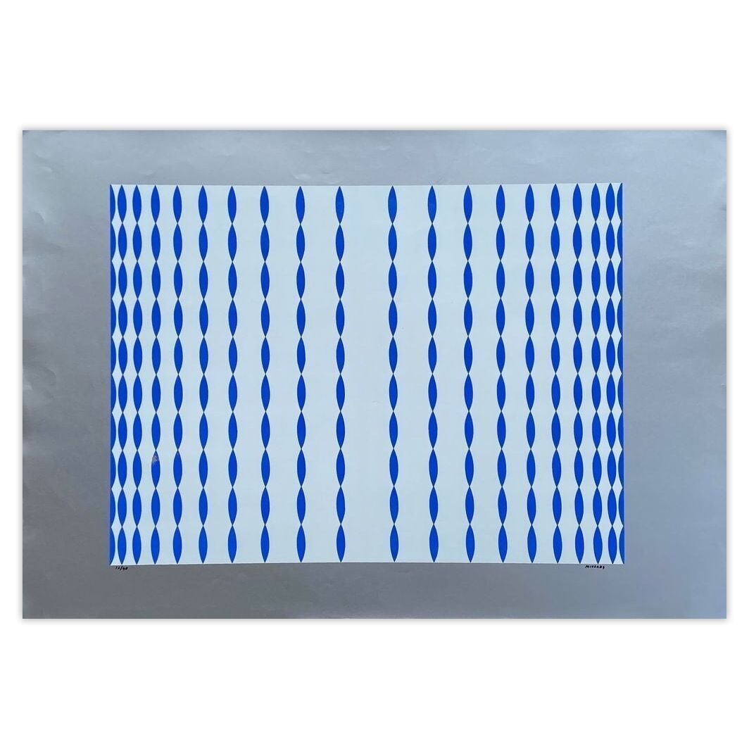 Dordevic Miodrag Signed Screenprint Composition Cinétique Bleu Et Blanc Fond Argent 1975