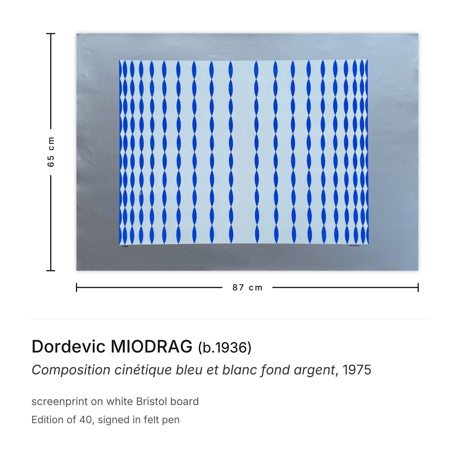 Dordevic Miodrag Gesigneerde Zeefdruk Composition Cinétique Bleu Et Blanc Fond Argent 1975 photo furniture