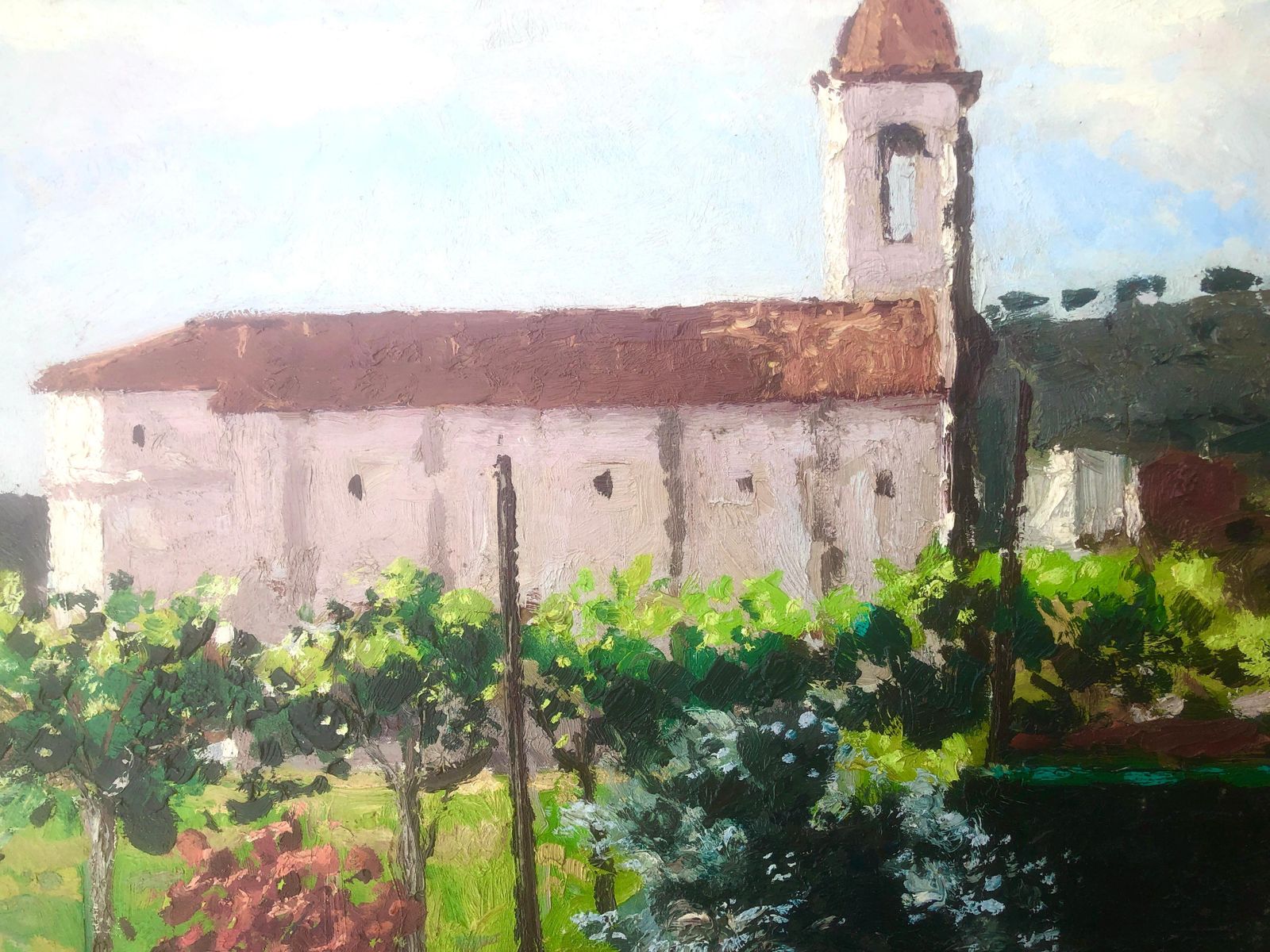 Jordi Pagans Montsalvatje Mediterranean Church Landscape With Vineyard Catalan Village Oil Painting Sitges 1972 photo buy
