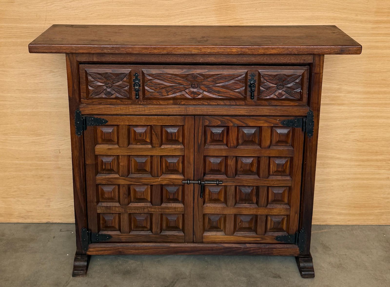 Antique Spanish Carved Walnut Cabinet With Drawer And Two Doors photo for sale