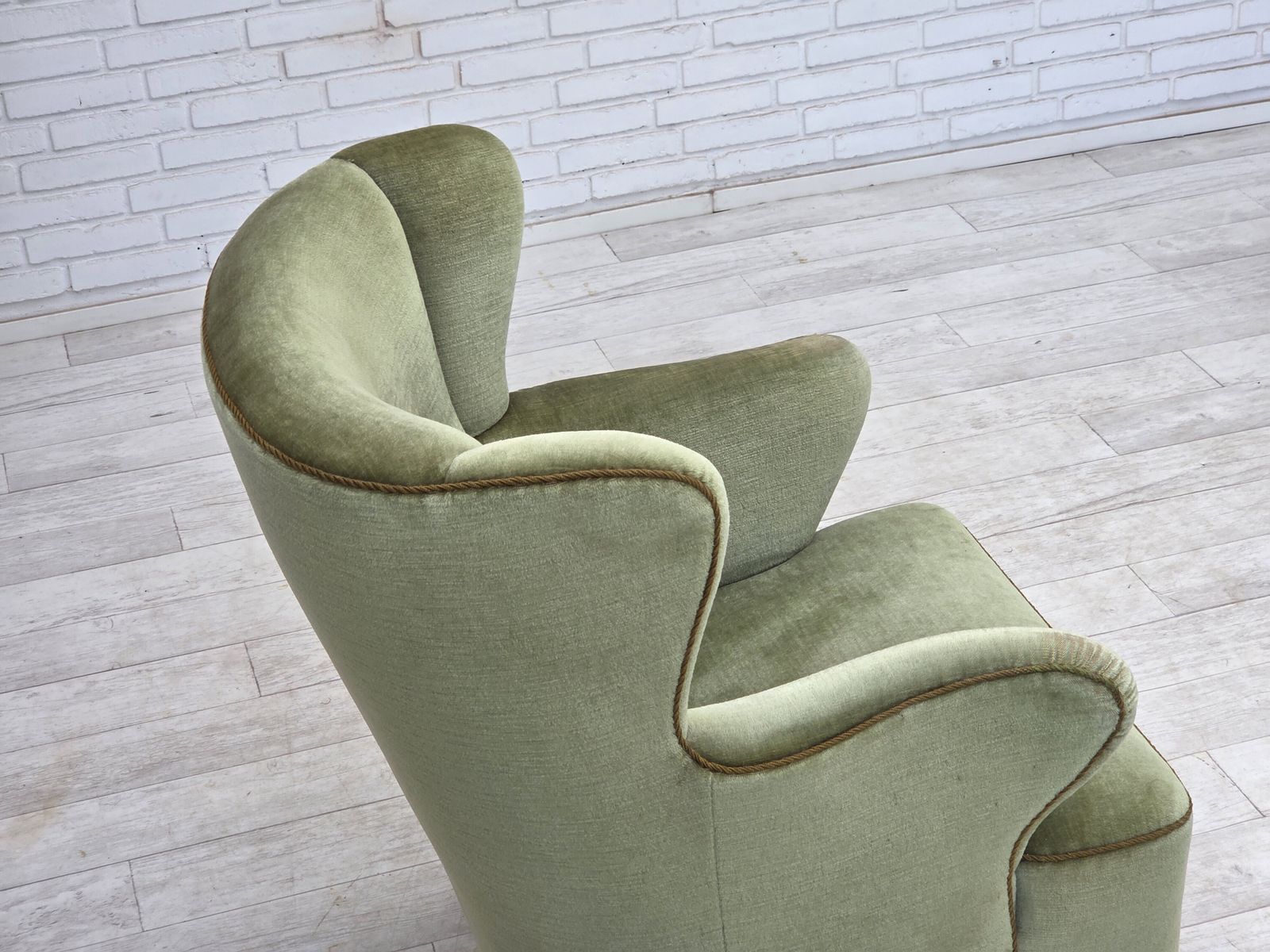 1960s, Scandinavian Armchair, Green Furniture Velour, Oak Wood Legs. photo vintage