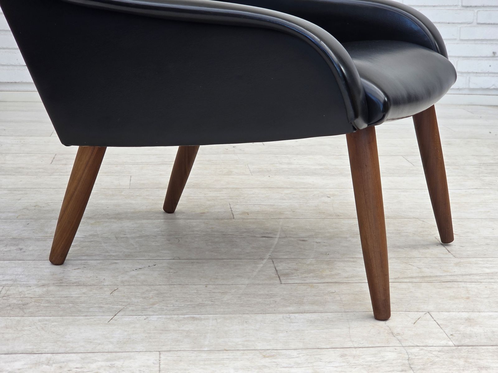 1970s, Danish Armchair, Black Artificial Leather, Teak Wood Legs. photo Furniture