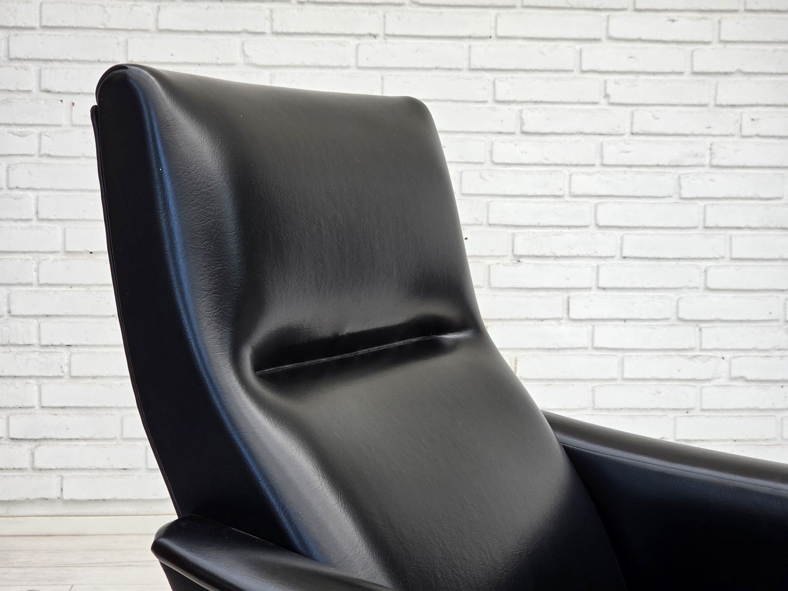 1970s, Danish Armchair, Black Artificial Leather, Teak Wood Legs. photo 995.0